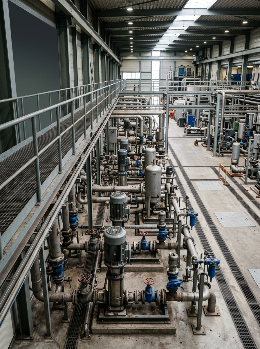 Overzicht van industriële pompinstallaties en leidingwerk in een moderne proceshal.
