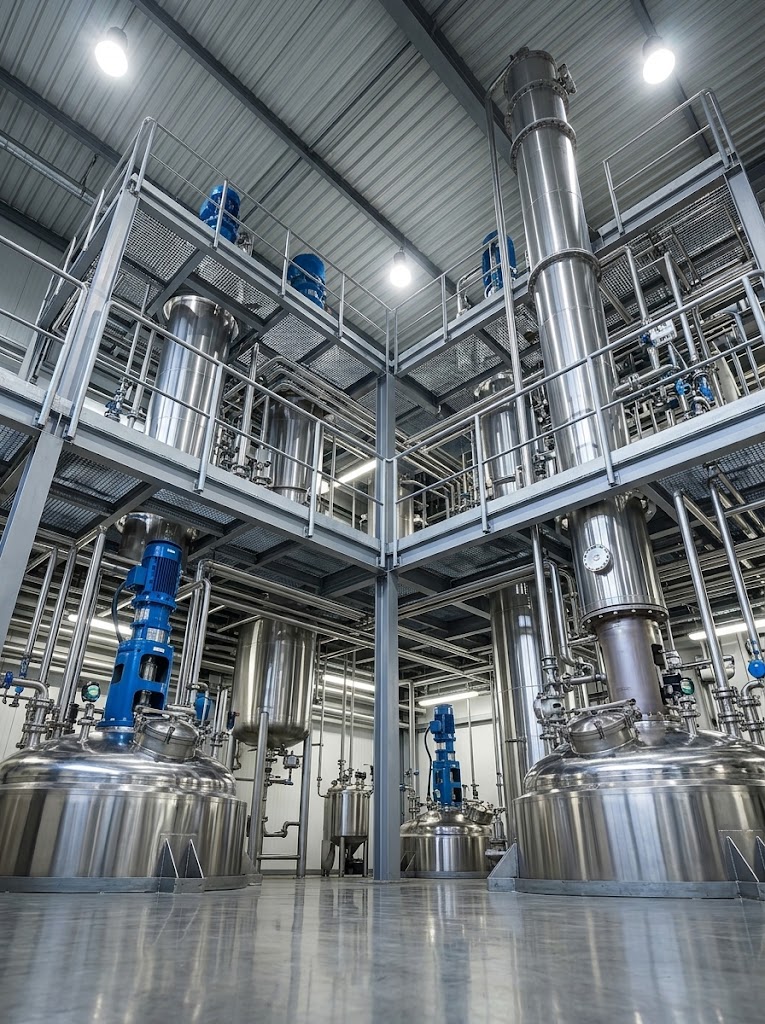 Glanzende RVS-reactoren, kolommen en pompen in een moderne farmaceutische procesinstallatie