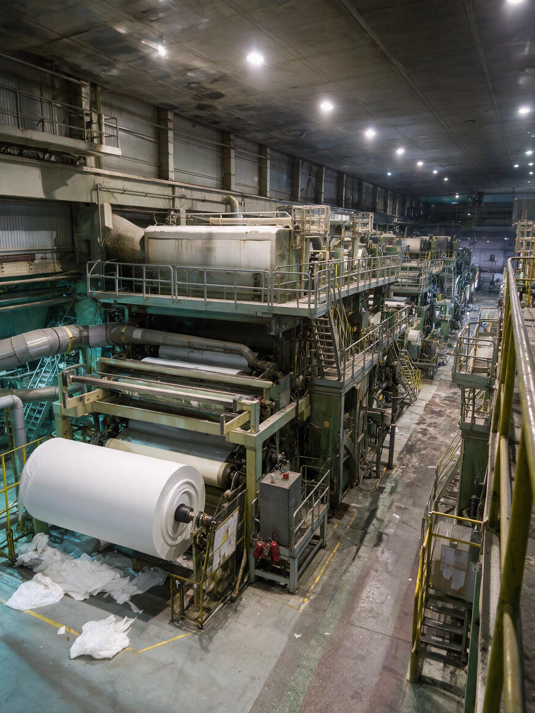 Papiermachine in productiehal met grote witte papierrol, bordessen, leidingen en industriële installatie